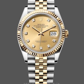 Replica Rolex Datejust 36 mm Unisex-126233-Champagne Quadrante di diamanti-Ghiera scanalata Champagne