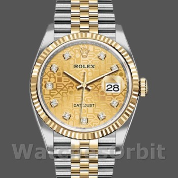 Replica Rolex Datejust 36 mm Unisex-126233-Champagne Quadrante Jubilee-Ghiera scanalata Champagne