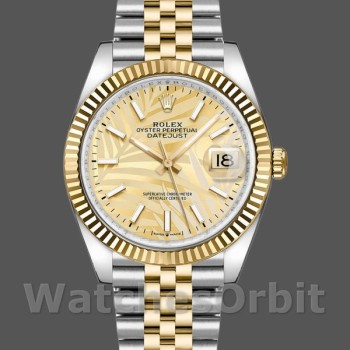 Replica Rolex Datejust 36 mm Unisex-126233-Giornale con motivo a palme dorate-Ghiera scanalata dorata