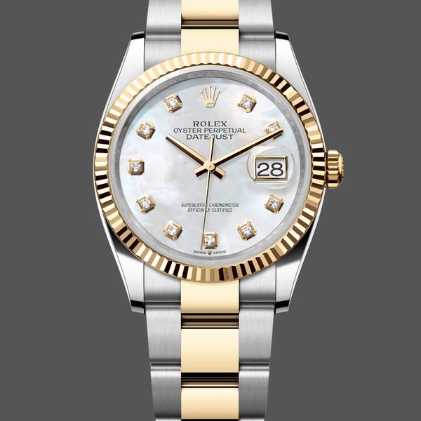 Replica Rolex Datejust 36 mm Unisex-126233-White MOP Quadrante di diamanti Bianco