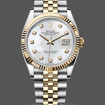 Replica Rolex Datejust 36mm Unisex-126233-bianco MOP Quadrante di diamanti-Ghiera scanalata MOP