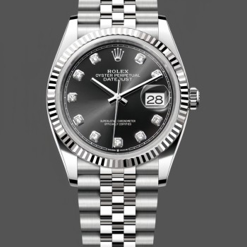 Replica Rolex Datejust 36 mm Unisex-126234-Ghiera scanalata-Calendario nero con diamanti Nero