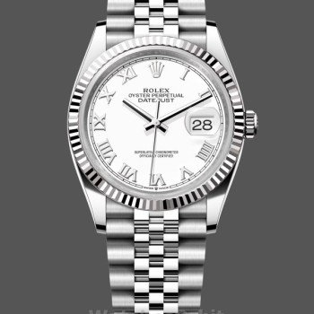 Replica Rolex Datejust 36 mm Unisex-126234-Ghiera scanalata-Dialetto romano bianco Bianco