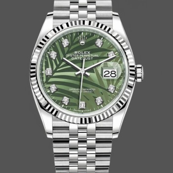 Replica Rolex Datejust 36 mm Unisex-126234-Meridiano verde oliva con motivo a palme Verde unisex