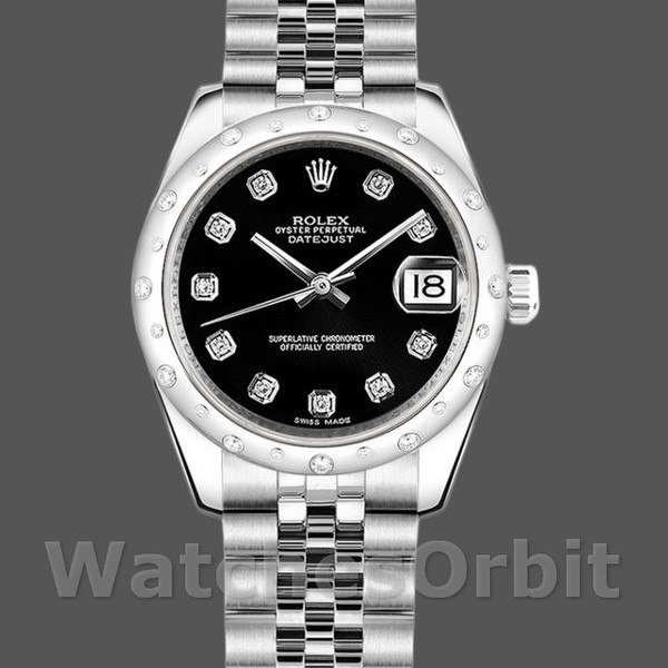 Replica Rolex Datejust 31 mm Donna-178344-Calrante nero con diamanti-Bracciale Giubileo Nero