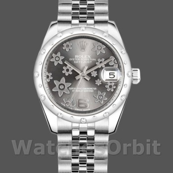Replica Rolex Datejust 31 mm Donna-178344-Rodiato Grigio Quadrante con motivo floreale Grigio