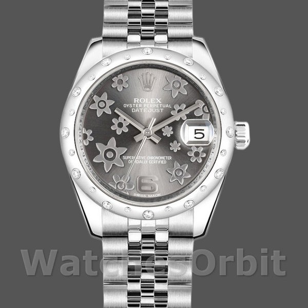 Replica Rolex Datejust 31 mm Donna-178344-Rodiato Grigio Quadrante con motivo floreale Grigio