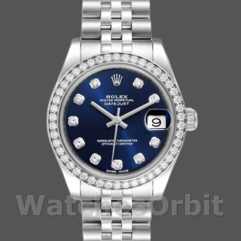 Replica Rolex Datejust 31 mm Donna-178384-Calrante blu-Ghiera con diamanti Blu