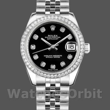 Replica Rolex Datejust 31 mm Donna-178384-Dal quadrante nero con diamanti-Ghiera nera con diamanti<br />