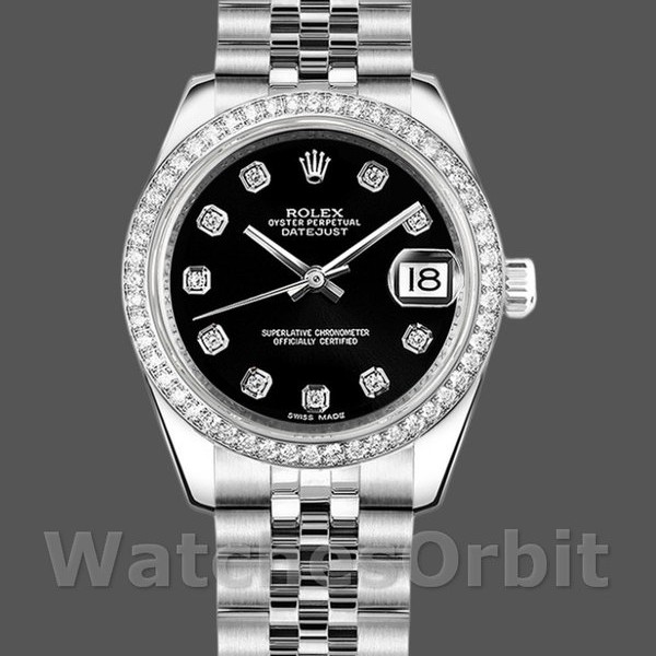 Replica Rolex Datejust 31 mm Donna-178384-Dal quadrante nero con diamanti-Ghiera nera con diamanti<br />