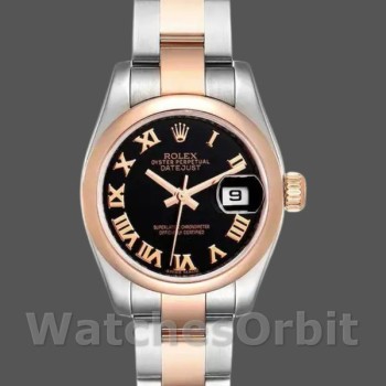 Replica Rolex Datejust 26 mm Donna-179161-Comparatore romano nero-Acciaio inossidabile e oro Everose nero