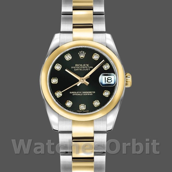 Replica Rolex Datejust-179163 da donna, 26 mm, quadrante nero con diamanti, lunetta bombata, Lady Black