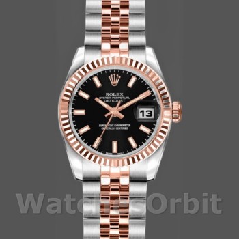 Replica Rolex Datejust-179171 donna, 26 mm, quadrante nero, lunetta scanalata, Lady Black