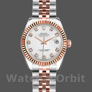Replica Rolex Datejust-179171 da donna, 26 mm, quadrante bianco con diamanti, lunetta scanalata, Lady White