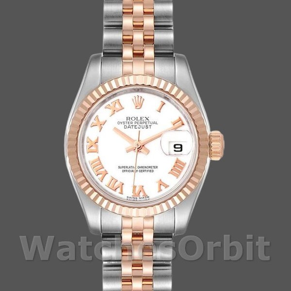 Replica Rolex Datejust-179171 da donna, 26 mm, quadrante bianco con numeri romani, lunetta scanalata, Lady White