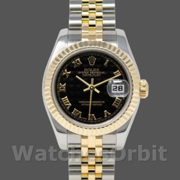 Replica Rolex Datejust-179173 da donna, 26 mm, quadrante nero, lunetta scanalata, Lady Black