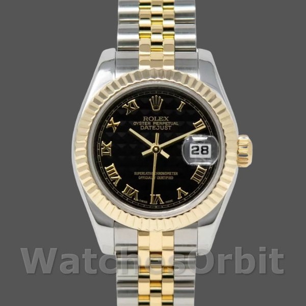 Replica Rolex Datejust-179173 da donna, 26 mm, quadrante nero, lunetta scanalata, Lady Black