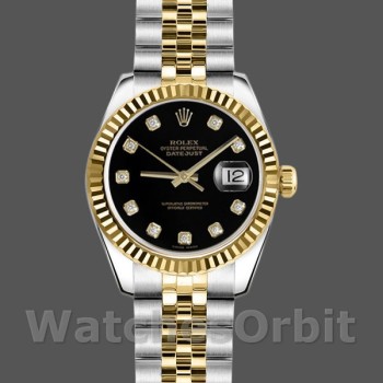 Replica Rolex Datejust-179173 da donna, 26 mm, quadrante nero con diamanti, lunetta scanalata, Lady Black