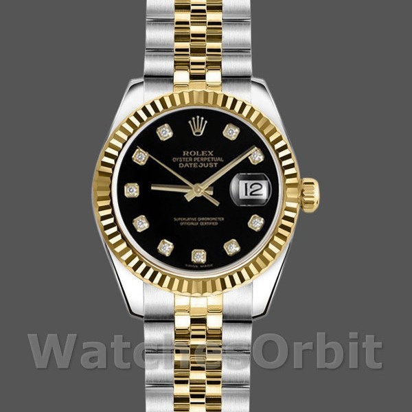 Replica Rolex Datejust-179173 da donna, 26 mm, quadrante nero con diamanti, lunetta scanalata, Lady Black