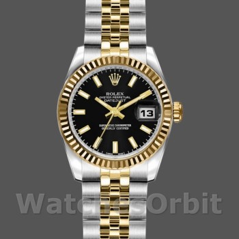 Replica Rolex Datejust-179173 da donna, 26 mm, quadrante nero, lunetta scanalata, Lady Black