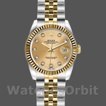 Replica Rolex Datejust-179173 da donna, 26 mm, quadrante champagne con diamanti, lunetta scanalata, Lady Champagne