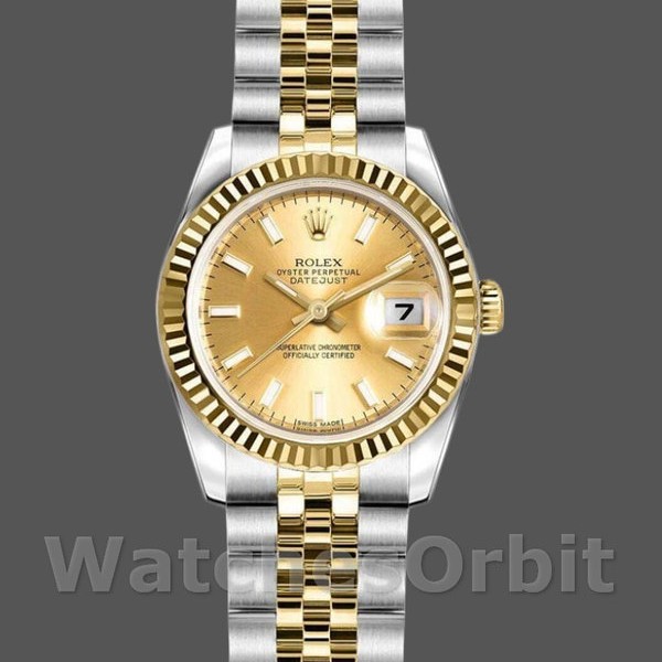 Replica Rolex Datejust-179173 da donna, 26 mm, quadrante champagne, lunetta scanalata, Lady Champagne