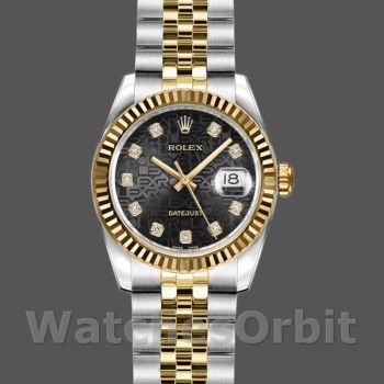 Replica Rolex Datejust-179173 da donna, 26 mm, quadrante nero con diamanti Jubilee, lunetta scanalata, Lady Black