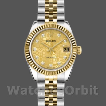 Replica Rolex Datejust-179173 da donna, 26 mm, quadrante Jubilee Champagne con diamanti, lunetta scanalata, Lady Champagne