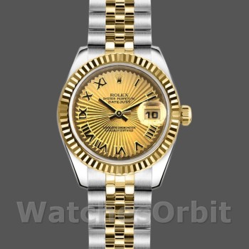 Replica Rolex Datejust-179173 da donna, 26 mm, quadrante Sunbeam Champagne, lunetta scanalata, Lady Champagne