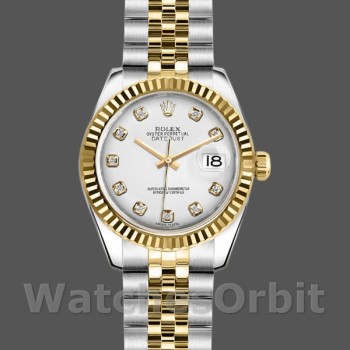 Replica Rolex Datejust-179173 da donna, 26 mm, quadrante bianco con diamanti, lunetta scanalata, Lady White