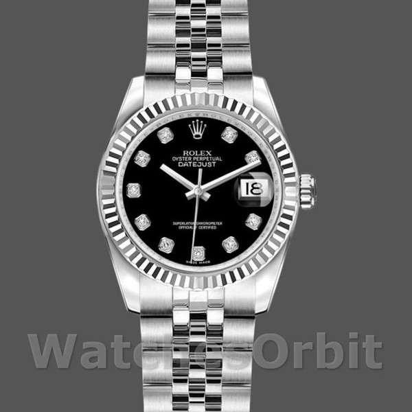 Replica Rolex Datejust-179174 da donna, 26 mm, quadrante nero con diamanti, lunetta scanalata, Lady Black