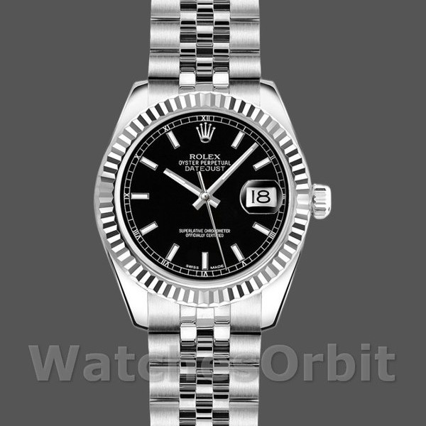 Replica Rolex Datejust-179174 da donna, 26 mm, quadrante nero, lunetta scanalata, Lady Black