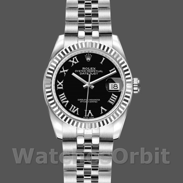 Replica Rolex Datejust-179174 da donna, 26 mm, quadrante nero romano, lunetta scanalata, Lady Black