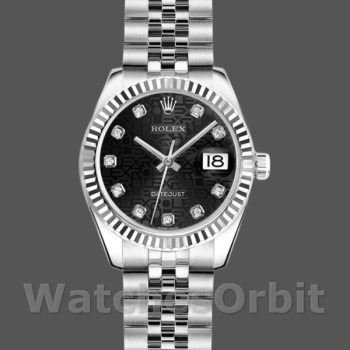 Replica Rolex Datejust-179174 da donna, 26 mm, quadrante nero con diamanti Jubilee, lunetta scanalata, Lady Black