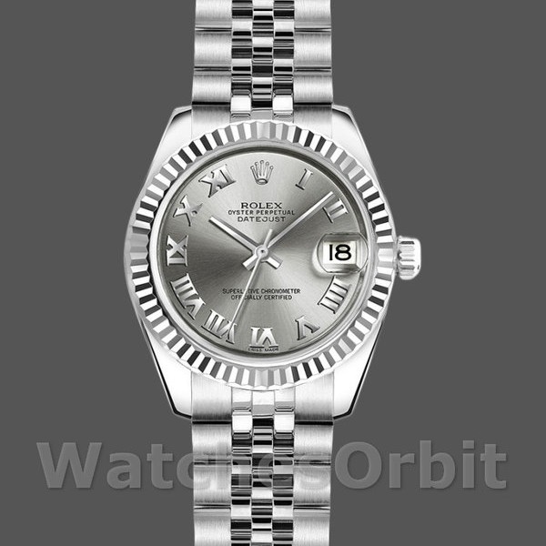 Replica Rolex Datejust-179174 da donna, 26 mm, quadrante grigio rodio, lunetta scanalata, Lady Rhodium Grey