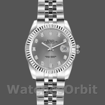 Replica Rolex Datejust-179174 da donna, 26 mm, quadrante grigio rodio con diamanti, lunetta scanalata, Lady Grey