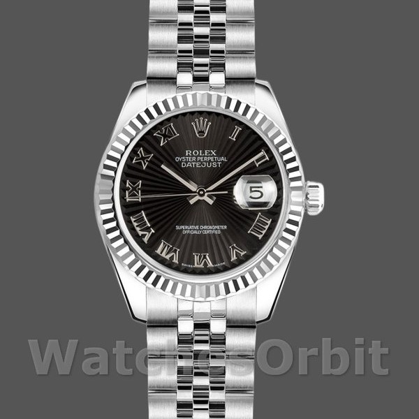 Replica Rolex Datejust-179174 da donna, 26 mm, quadrante romano Sunbeam Black, lunetta scanalata, Lady Black