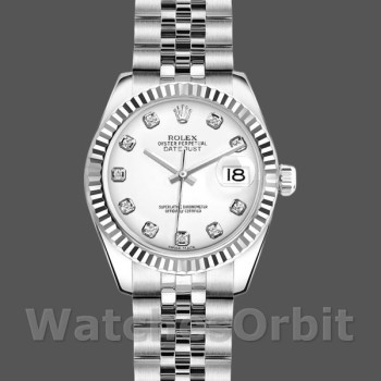 Replica Rolex Datejust-179174 da donna, 26 mm, quadrante bianco con diamanti, lunetta scanalata, Lady White