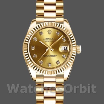 Replica Rolex Datejust-179178 da donna, 26 mm, oro giallo, quadrante con diamanti champagne, Lady Champagne