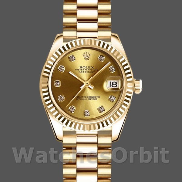 Replica Rolex Datejust-179178 da donna, 26 mm, oro giallo, quadrante con diamanti champagne, Lady Champagne
