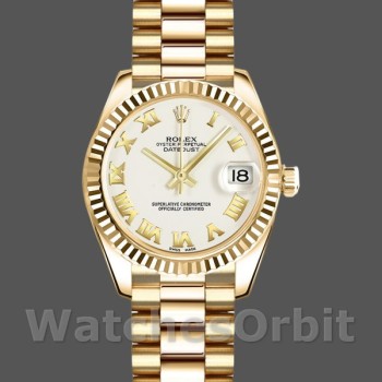 Replica Rolex Datejust-179178 da donna, 26 mm, oro giallo, quadrante romano bianco, Lady White