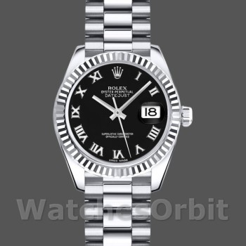Replica Rolex Datejust-179179 da donna, 26 mm, quadrante nero con numeri romani, lunetta scanalata, Lady Black