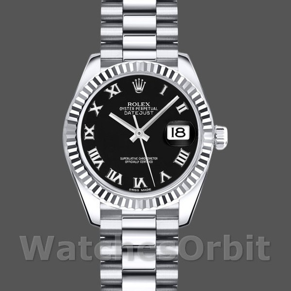 Replica Rolex Datejust-179179 da donna, 26 mm, quadrante nero con numeri romani, lunetta scanalata, Lady Black