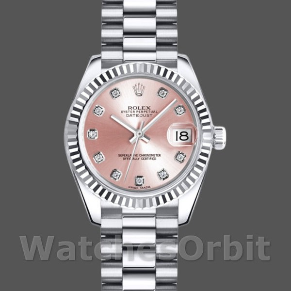 Replica Rolex Datejust-179179 da donna, 26 mm, quadrante rosa con diamanti, lunetta scanalata, Lady Pink