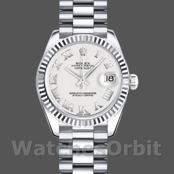 Replica Rolex Datejust-179179 da donna, 26 mm, quadrante bianco con numeri romani, lunetta scanalata, Lady White
