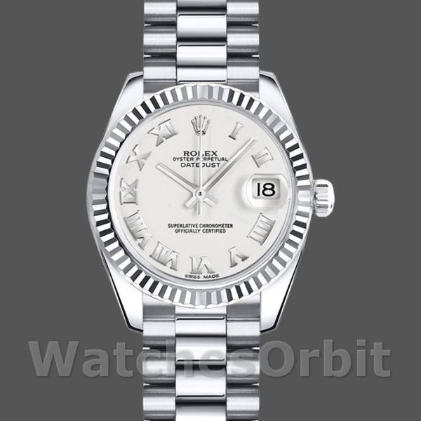 Replica Rolex Datejust-179179 da donna, 26 mm, quadrante bianco con numeri romani, lunetta scanalata, Lady White