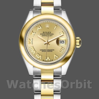 Replica Rolex Datejust-279163 da donna, 28 mm, Champagne, quadrante con numeri romani, lunetta bombata, Lady Champagne