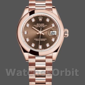 Replica Rolex Datejust-279165 donna, 28 mm, quadrante marrone cioccolato, lunetta con diamanti, Lady Chocolate Brown