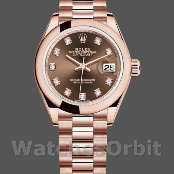 Replica Rolex Datejust-279165 donna, 28 mm, quadrante marrone cioccolato, lunetta con diamanti, Lady Chocolate Brown