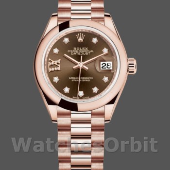 Replica Rolex Datejust-279165 da donna, 28 mm, marrone cioccolato, quadrante con diamanti, lunetta bombata, Lady Chocolate Brown